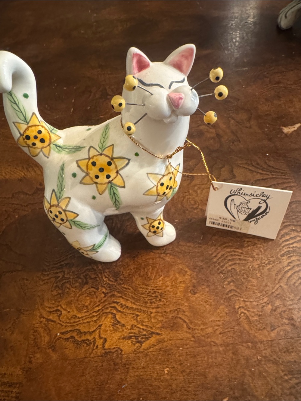 Amy locombe Whimsicalay Ceramic Sunflower Cat Figurine - White & Yellow 2002 nwt